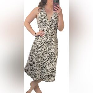 White House Black Market Floral Printed Cotton Halter Dress Size 12 Black White